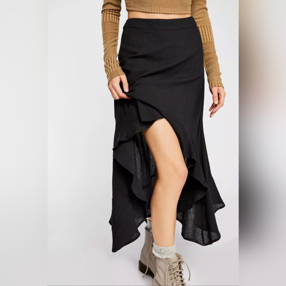 Free People x KAS Gauzy High Low Midi Skirt M Black Handkerchief Asymmetrical